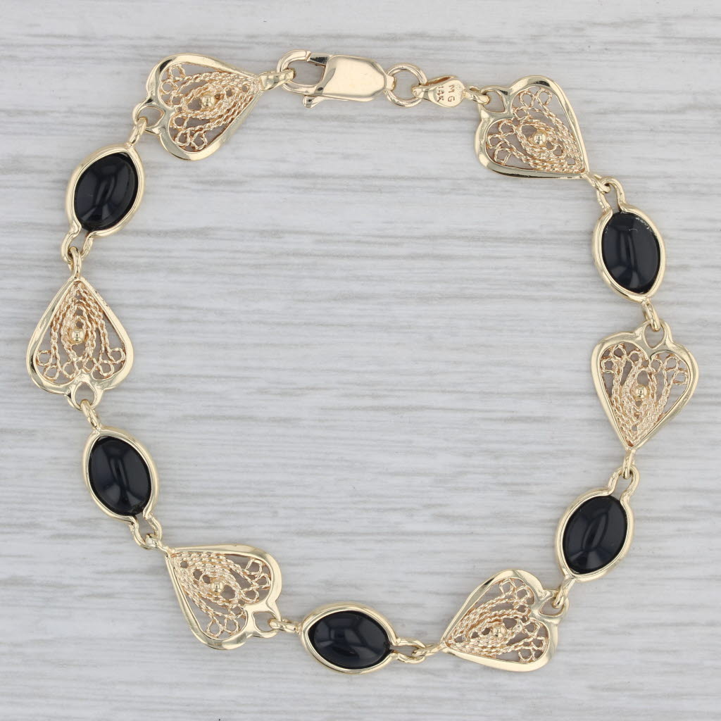 Gray Onyx Filigree Link Bracelet 14k Yellow Gold 7" 10.7mm