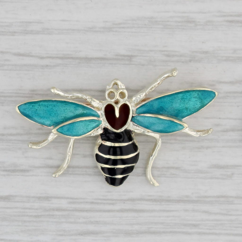 Gray Bee Brooch 14k White Gold Enamel Bug Insect Jewelry Statement Pin