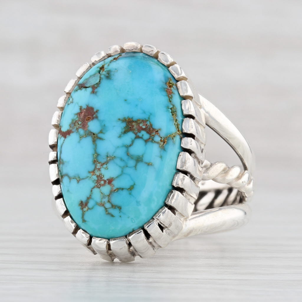 Light Gray Native American Large Turquoise Ring Sterling Silver Size 12.75 Stewart Signed