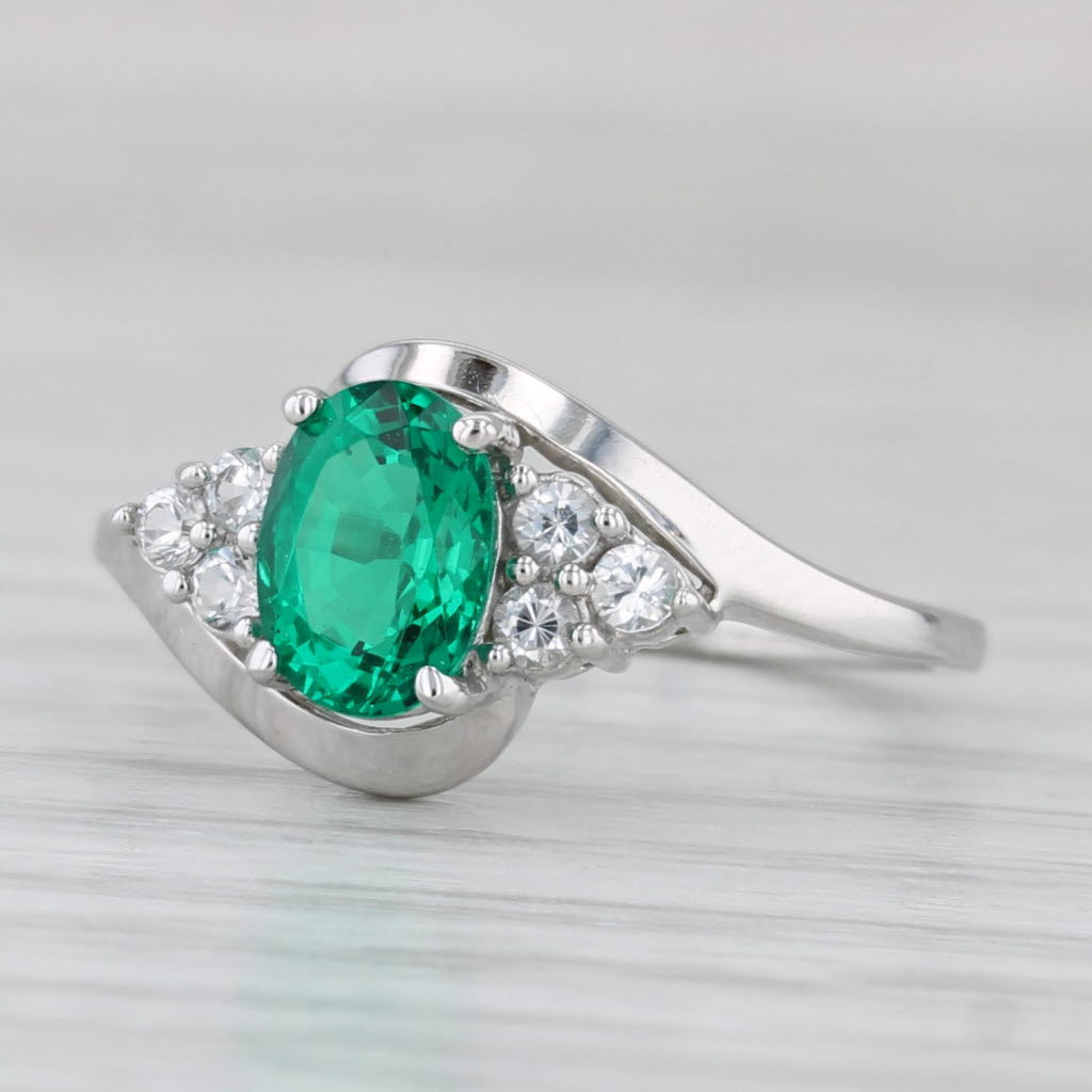 Light Gray Lab Created Emerald White Topaz Bypass Ring 10k White Gold Size 6.5