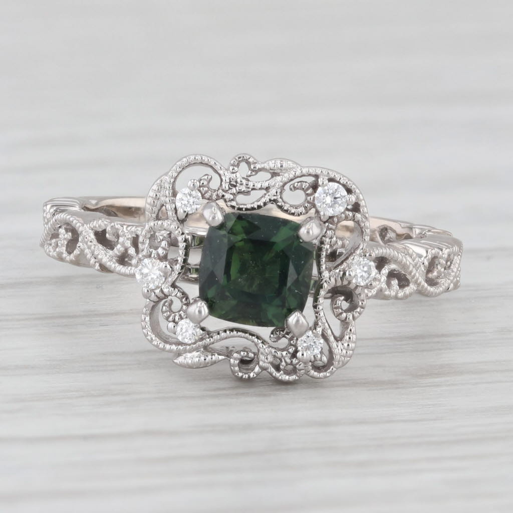 Light Gray 0.80ctw Green Sapphire Diamond Ornate Filigree Ring 14k White Gold Size 5.75