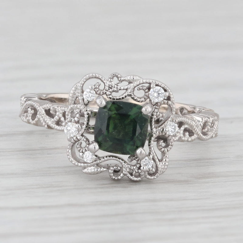 0.80ctw Green Sapphire Diamond Ornate Filigree Ring 14k White Gold Size 5.75