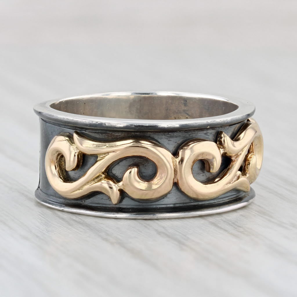 Light Gray Ornate Scroll Work Ring 14k Gold Sterling Silver Size 8 Band