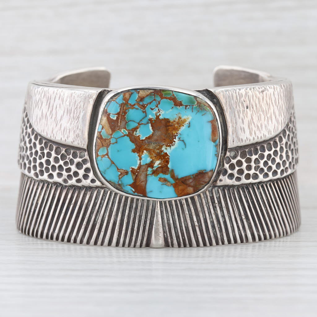 JBJ Native American Turquoise Cuff Bracelet Sterling Silver Vintage Statement