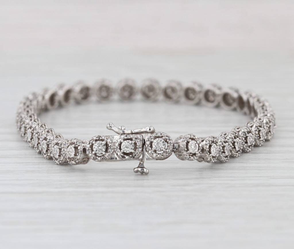 1ctw Diamond Halo Tennis Bracelet 10k White Gold 6.75" 4.8mm