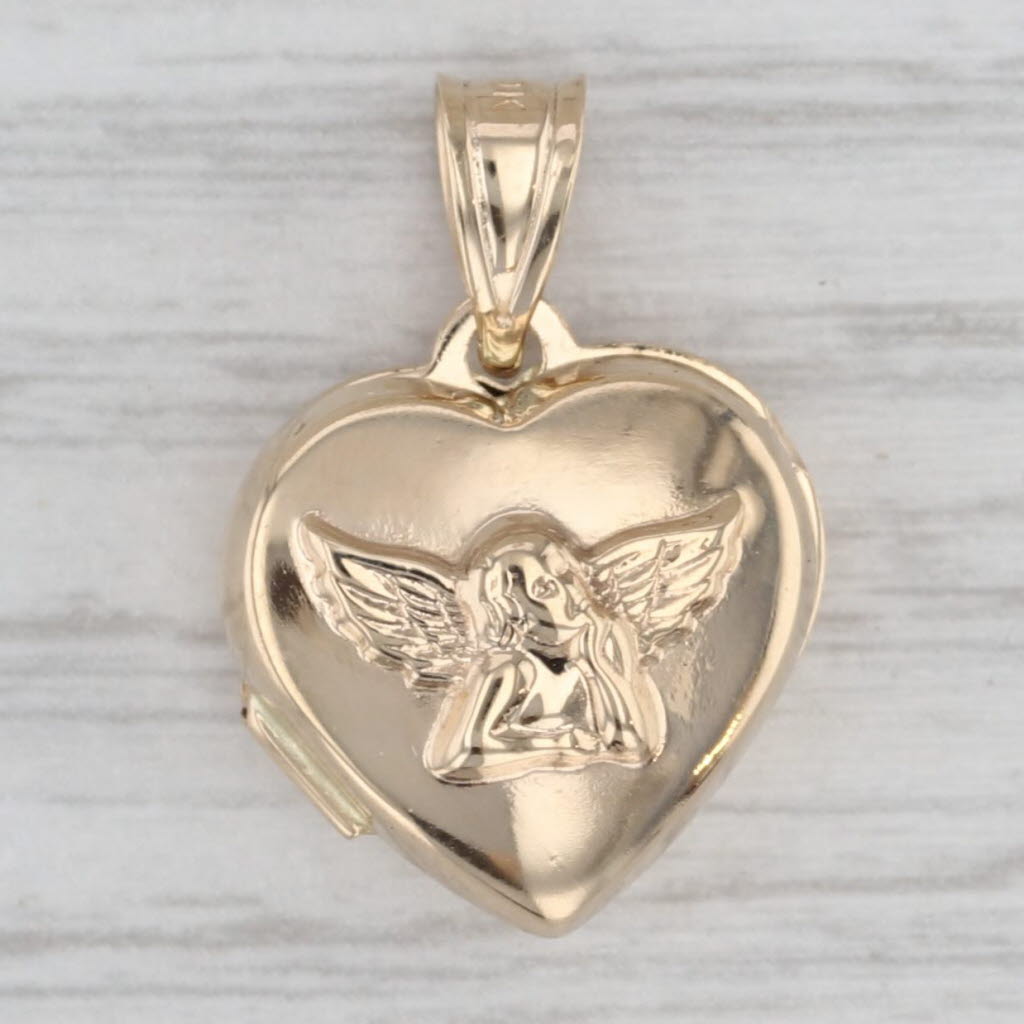 Cherub Guardian Angel Heart Picture Locket Pendant 10k Yellow Gold