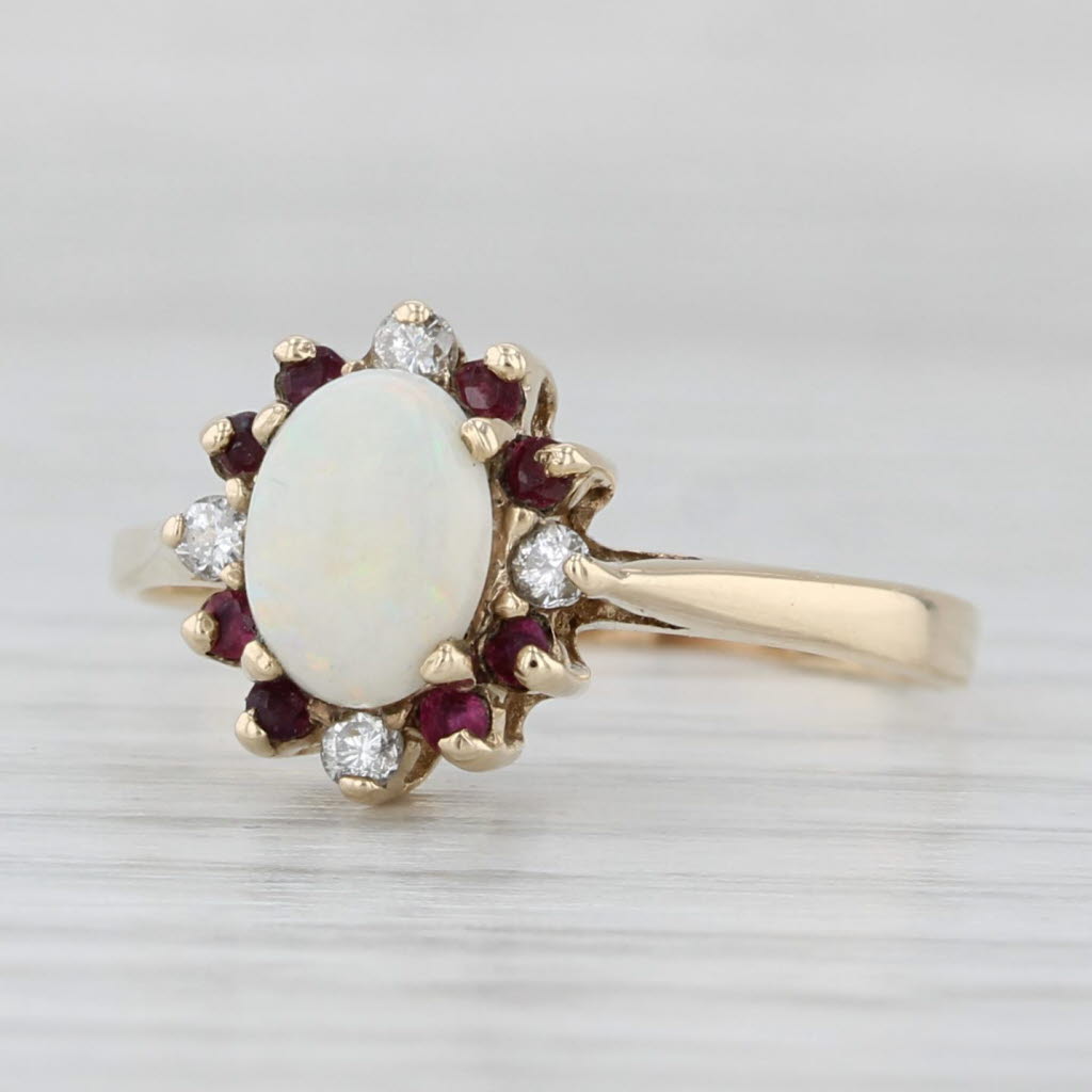 Light Gray Opal Ruby Diamond Halo Ring 10k Yellow Gold Size 7 Cathedral Band