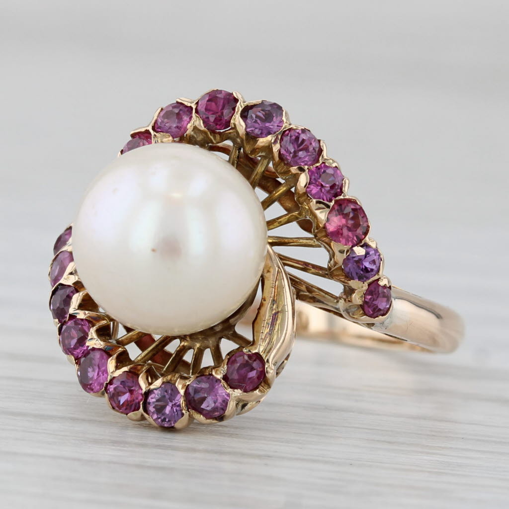 Light Gray Retro Cultured Pearl Ruby Ring 14k Yellow Gold Size 7.25 Cocktail