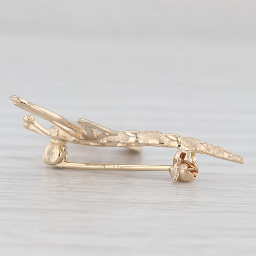 Light Gray Dragonfly Brooch 14k Yellow Gold Pin Insect Bug Jewelry