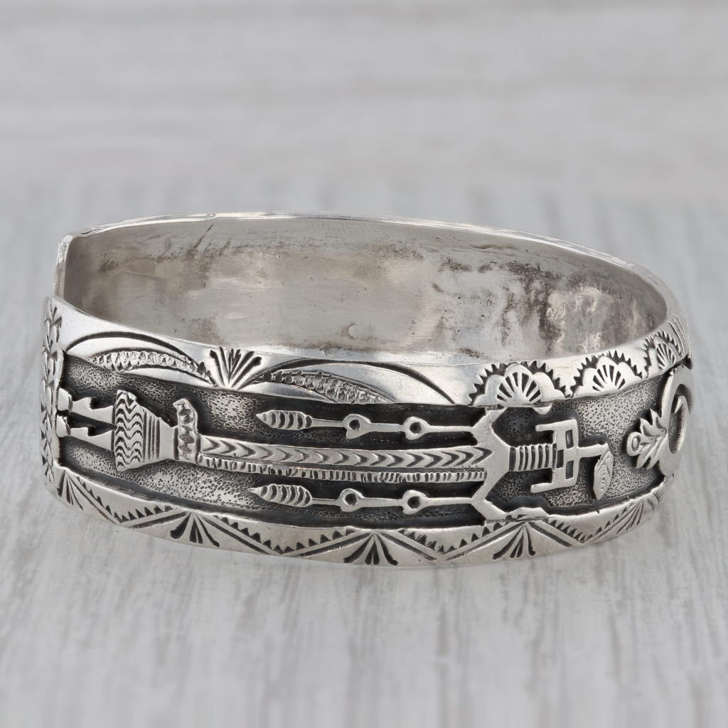 Gray Vintage Native American Cuff Bracelet Sterling Silver Tribal Designs 7"