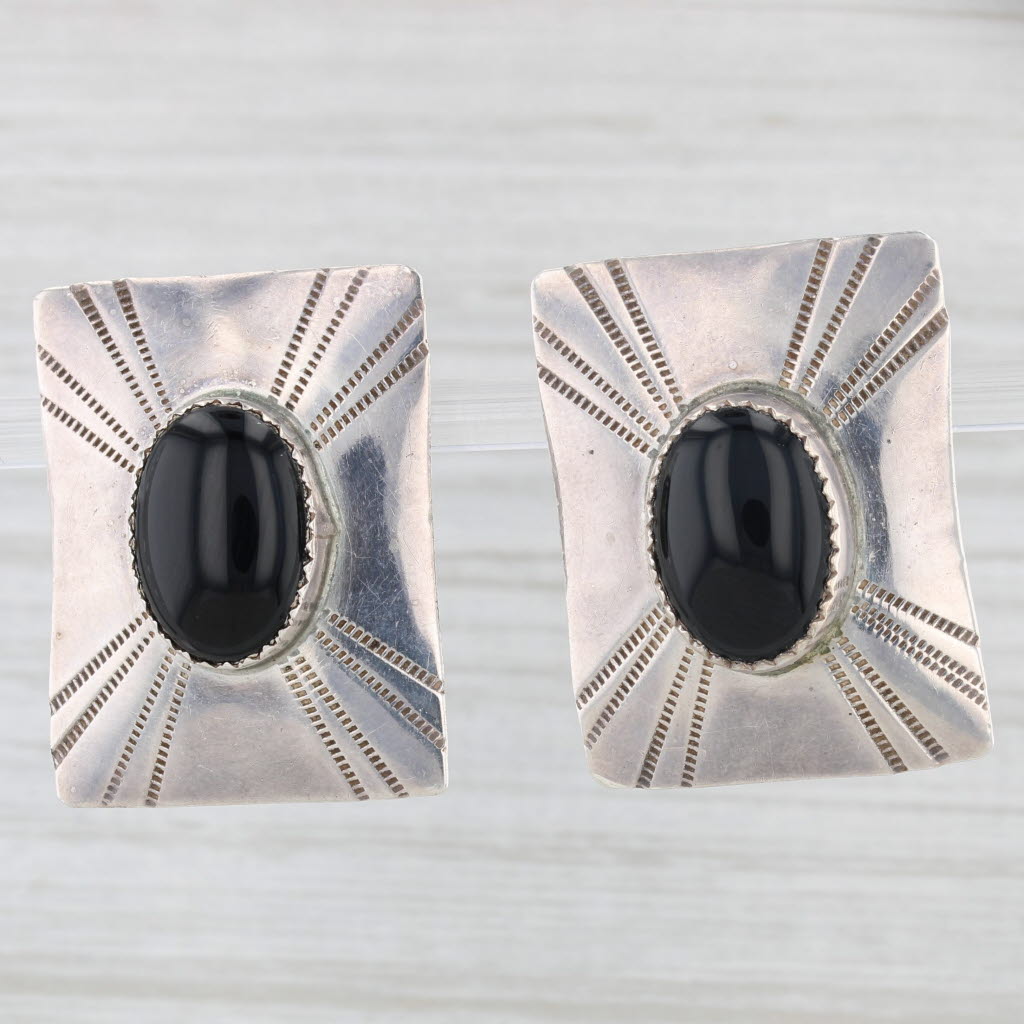 Light Gray Vintage Native American Onyx Stamped Earrings Sterling Silver Statement