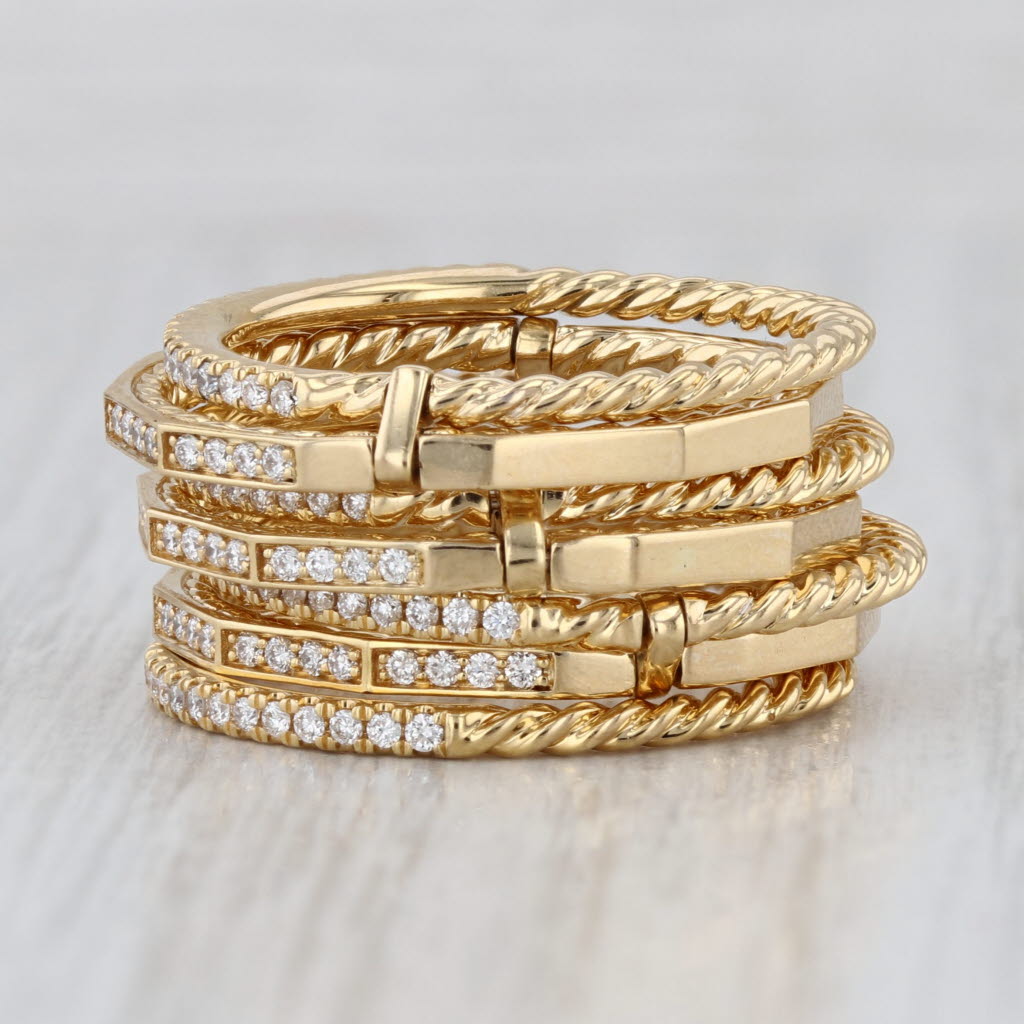 David Yurman 0.75ctw Diamond Stax Open Pave Ring w/ Box 18k Gold Stackable Bands