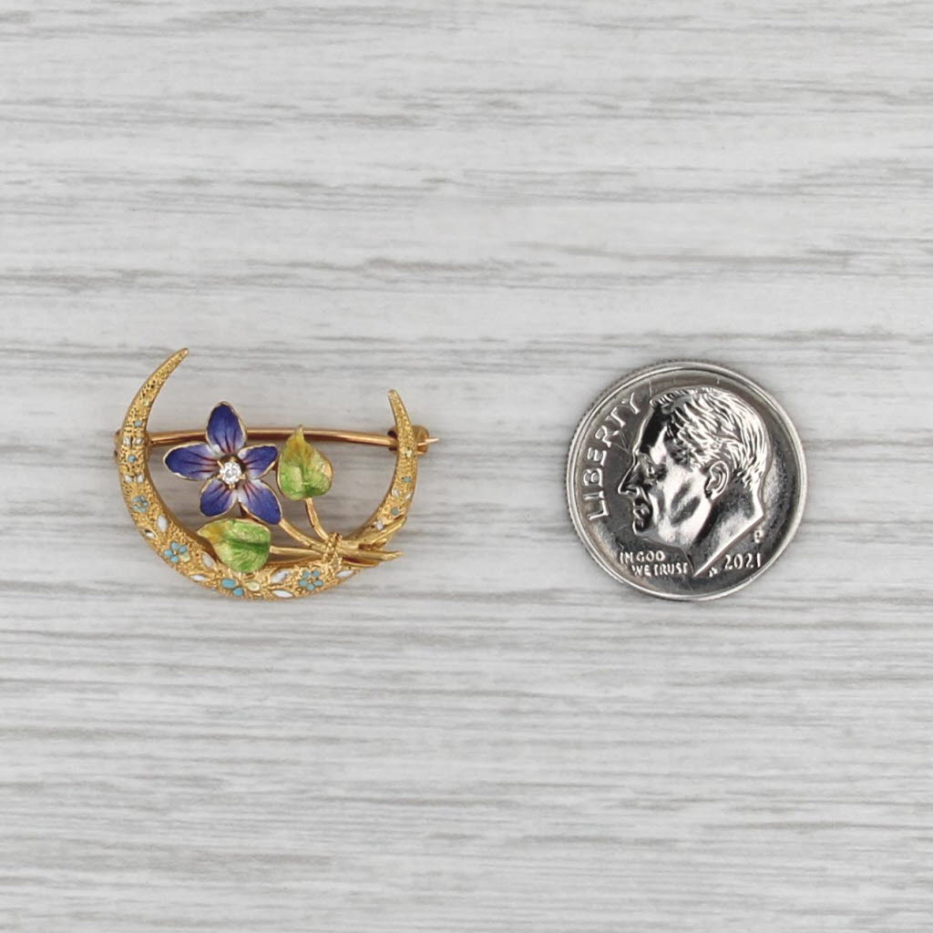 Vintage Crescent Moon Flower Brooch 14k Yellow Gold Enamel Diamond Floral Pin