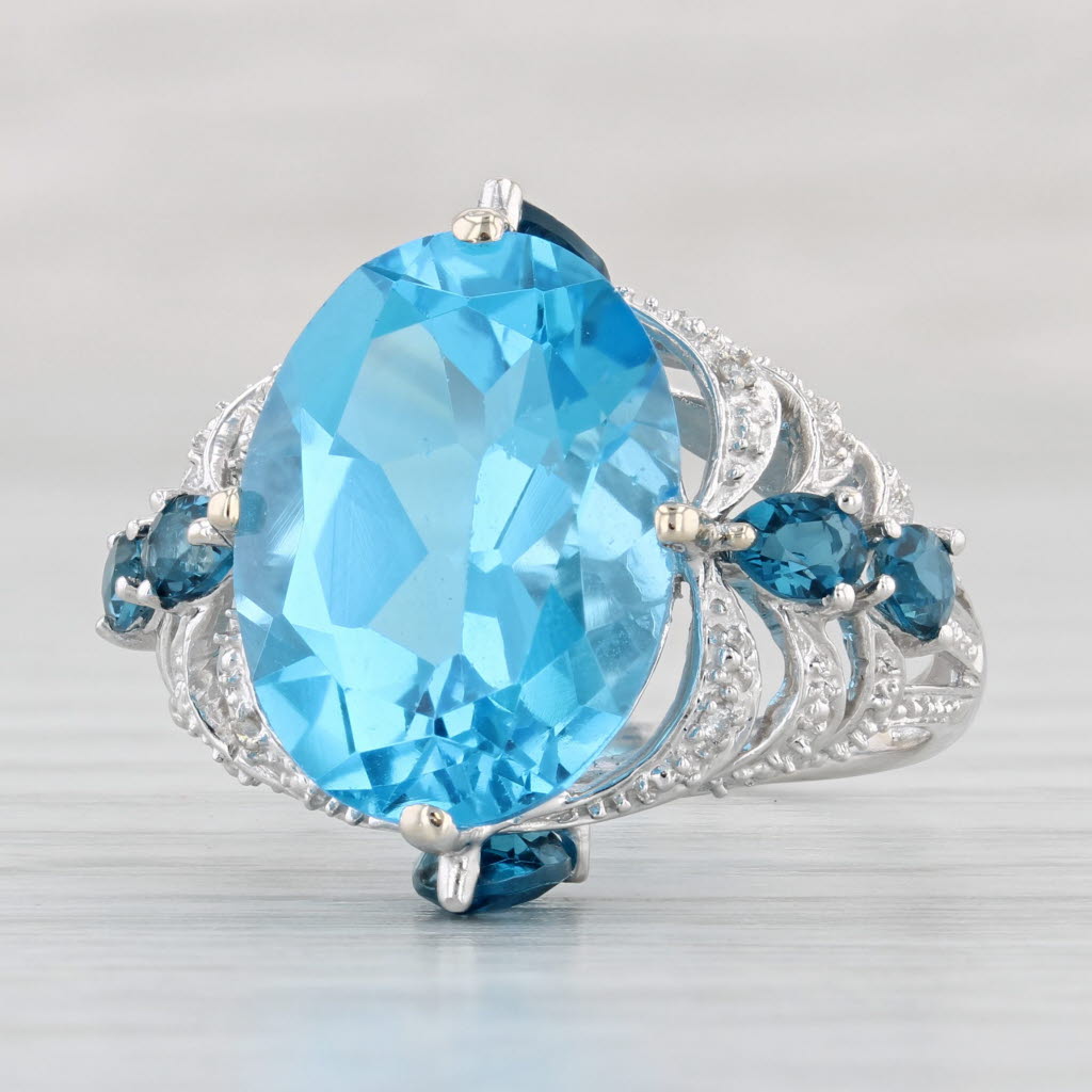 Light Gray 13.62ctw Blue Topaz Diamond Cocktail Ring 14k White Gold Size 8