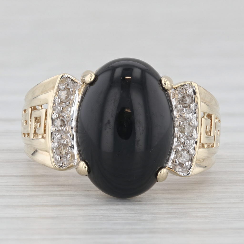 Light Gray Onyx Cabochon Onyx Solitaire Ring 10k Yellow Gold Size 7.25 Greek Key Pattern