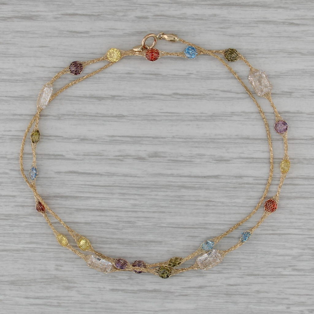 Multicolor Cubic Zirconia Station Mesh Chain Necklace 14k Yellow Gold 17.5"