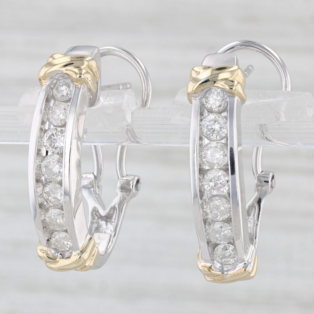 Light Gray 0.90ctw Diamond Journey J-Hook Earrings 10k Yellow White Gold Omega Back Drop