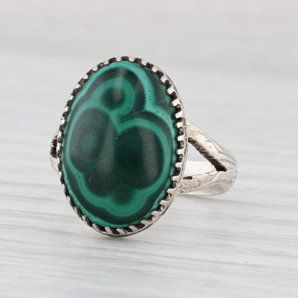 Vintage JH Native American Malachite Ring Sterling Silver Green Oval Cabochon