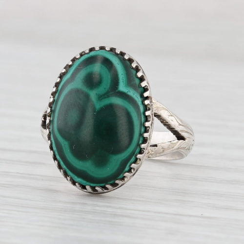 Vintage JH Native American Malachite Ring Sterling Silver Green Oval Cabochon