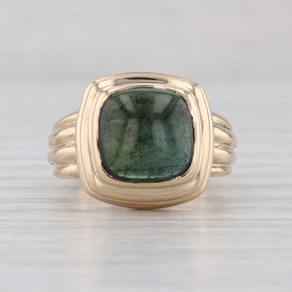 Green Tourmaline Cushion Cabochon Ring 14k Yellow Gold Size 6 Solitaire