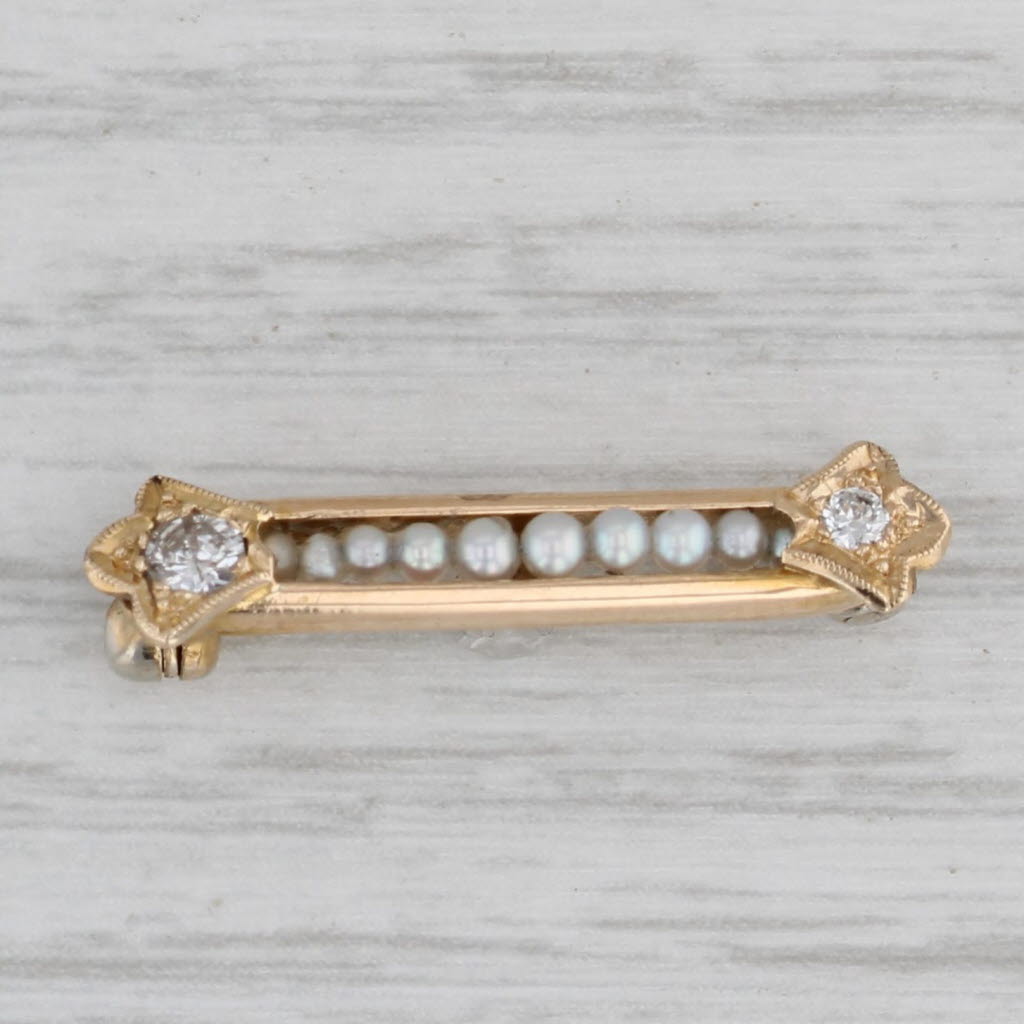 Gray Seed Pearl Diamond Small Bar Pin 10k Yellow Gold