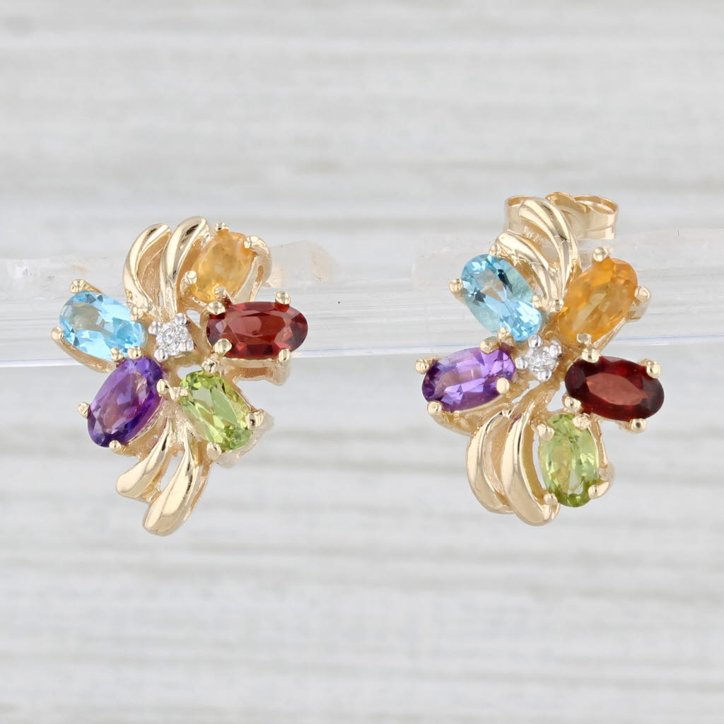 Light Gray 2.50ctw Gemstone Cluster Earrings 14k Gold Citrine Garnet Peridot Amethyst Topaz