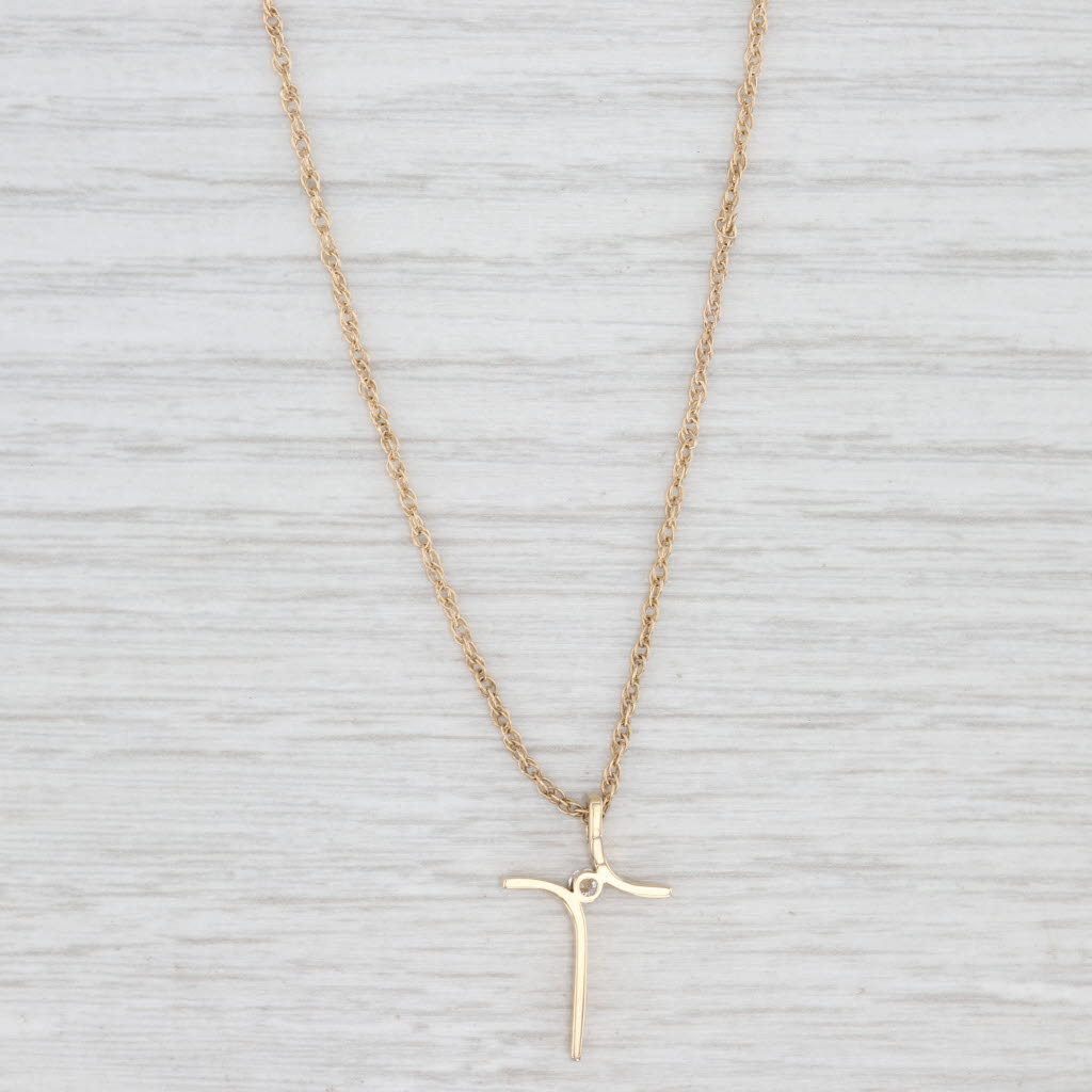 Light Gray Diamond Solitaire Cross Pendant Necklace 14k Yellow Gold 18" Rope Chain