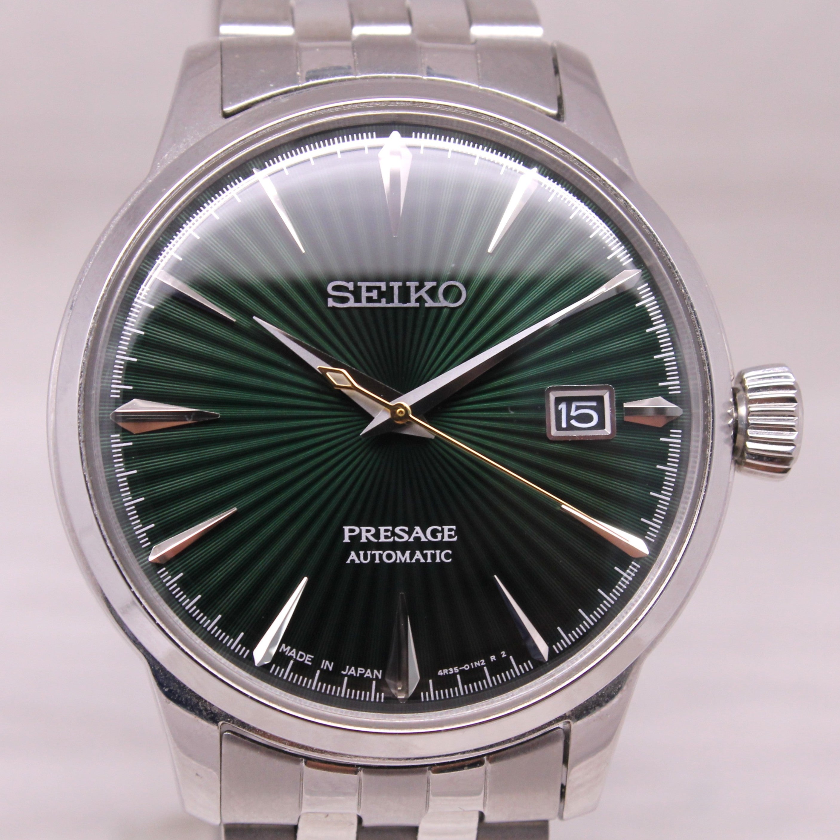 Seiko Presage Mens Watch 40.5mm Steel Swiss Date Auto Green Dial SRPE15 Box