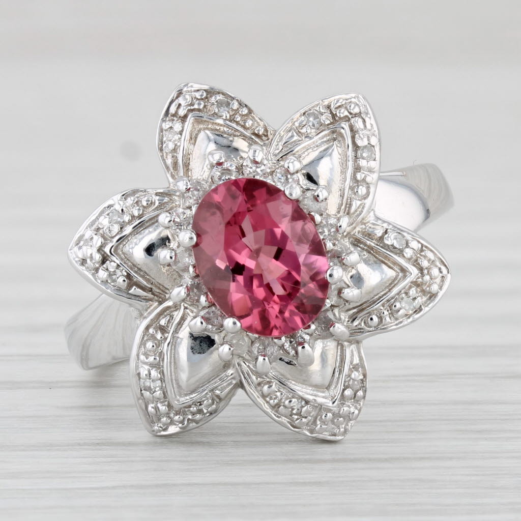 Light Gray 1.49ctw Pink Tourmaline Diamond Flower Ring 14k White Gold Size 7.5 Cocktail