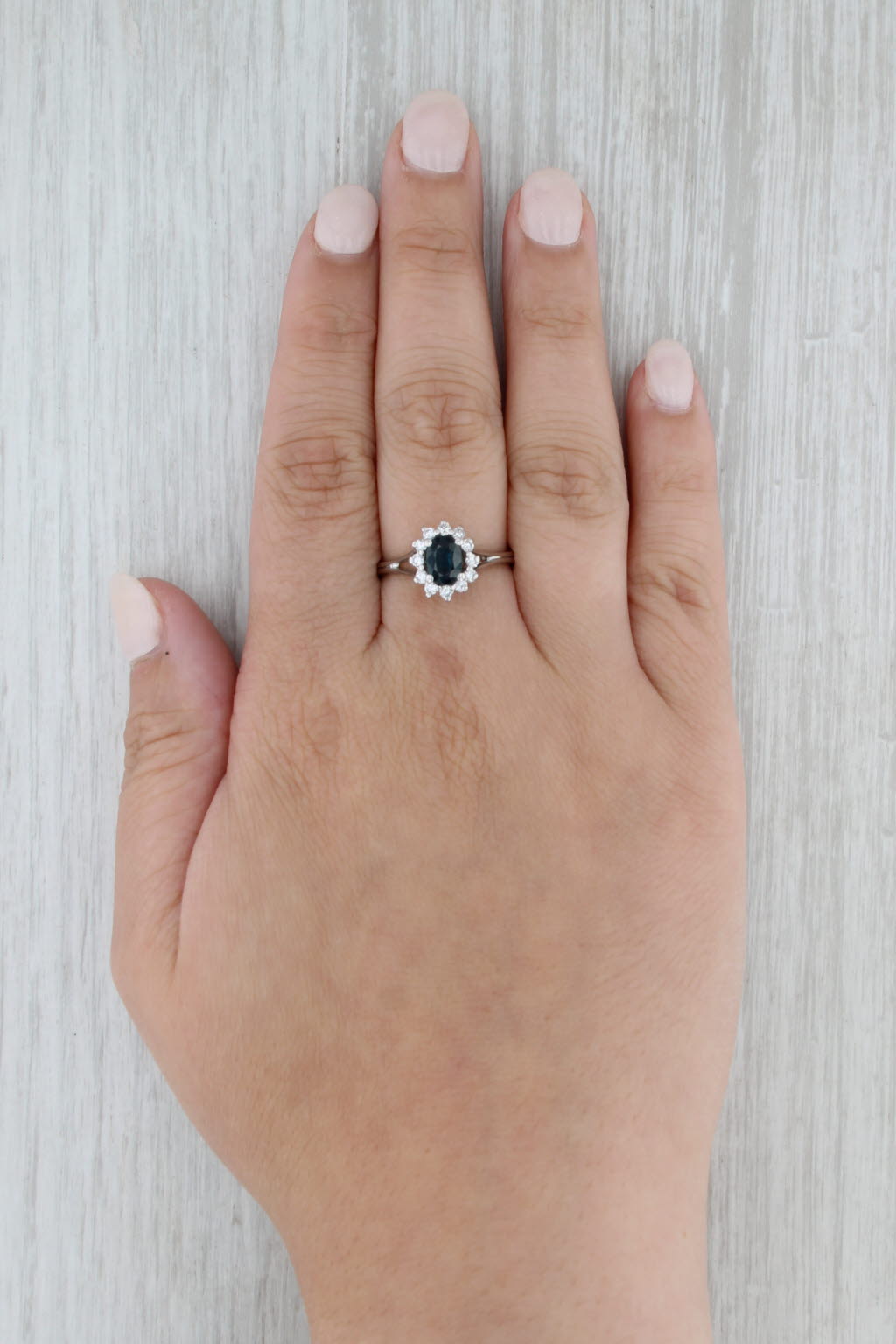 1.36ctw Blue Sapphire Diamond Halo Ring 14k White Gold Engagement Size 8.25