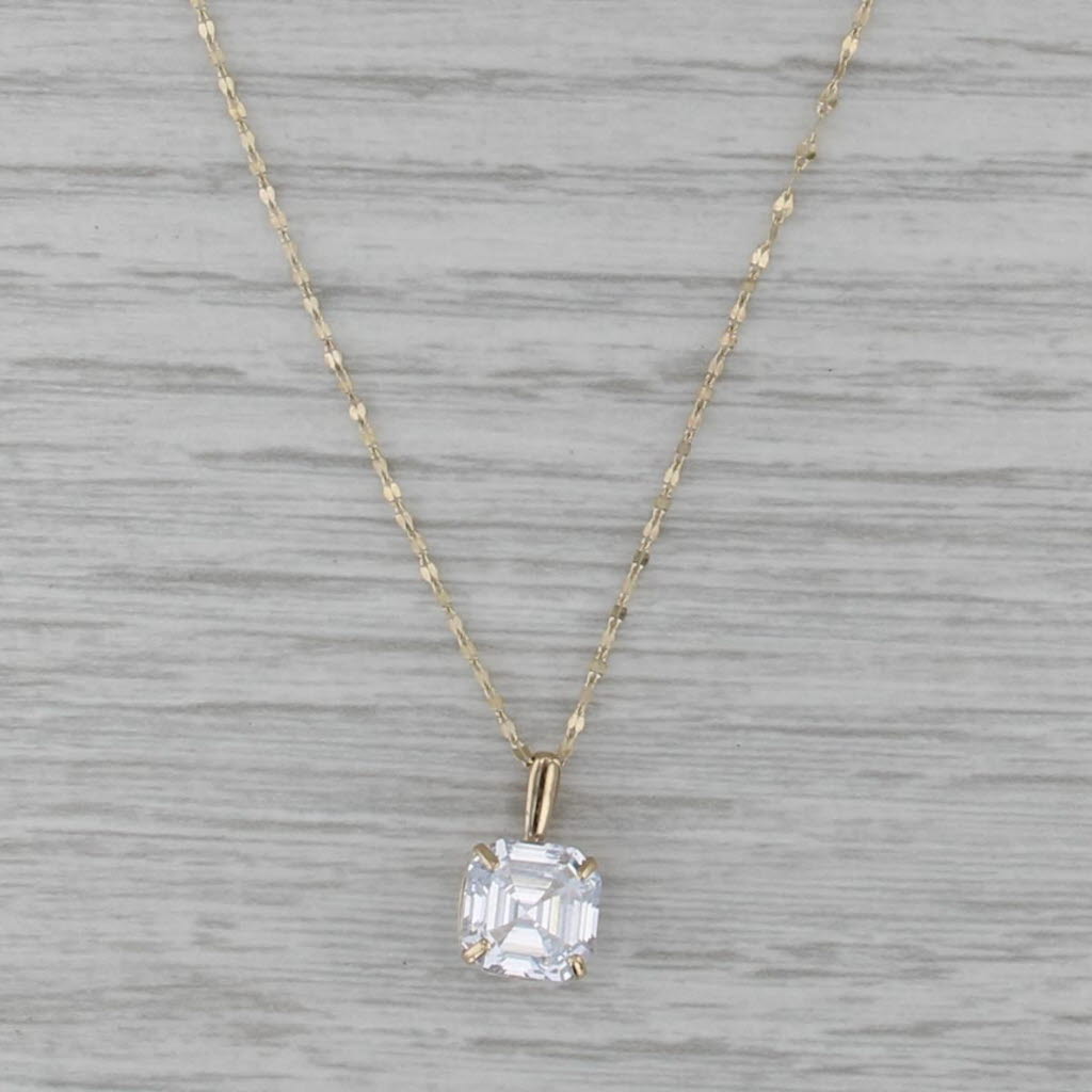 Asscher Cubic Zirconia Solitaire Pendant Necklace 14k Yellow Gold 16"-18"