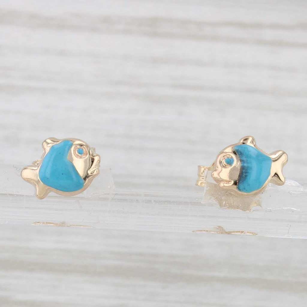 Light Gray Small Fish Stud Earrings 14k Yellow Gold Enamel