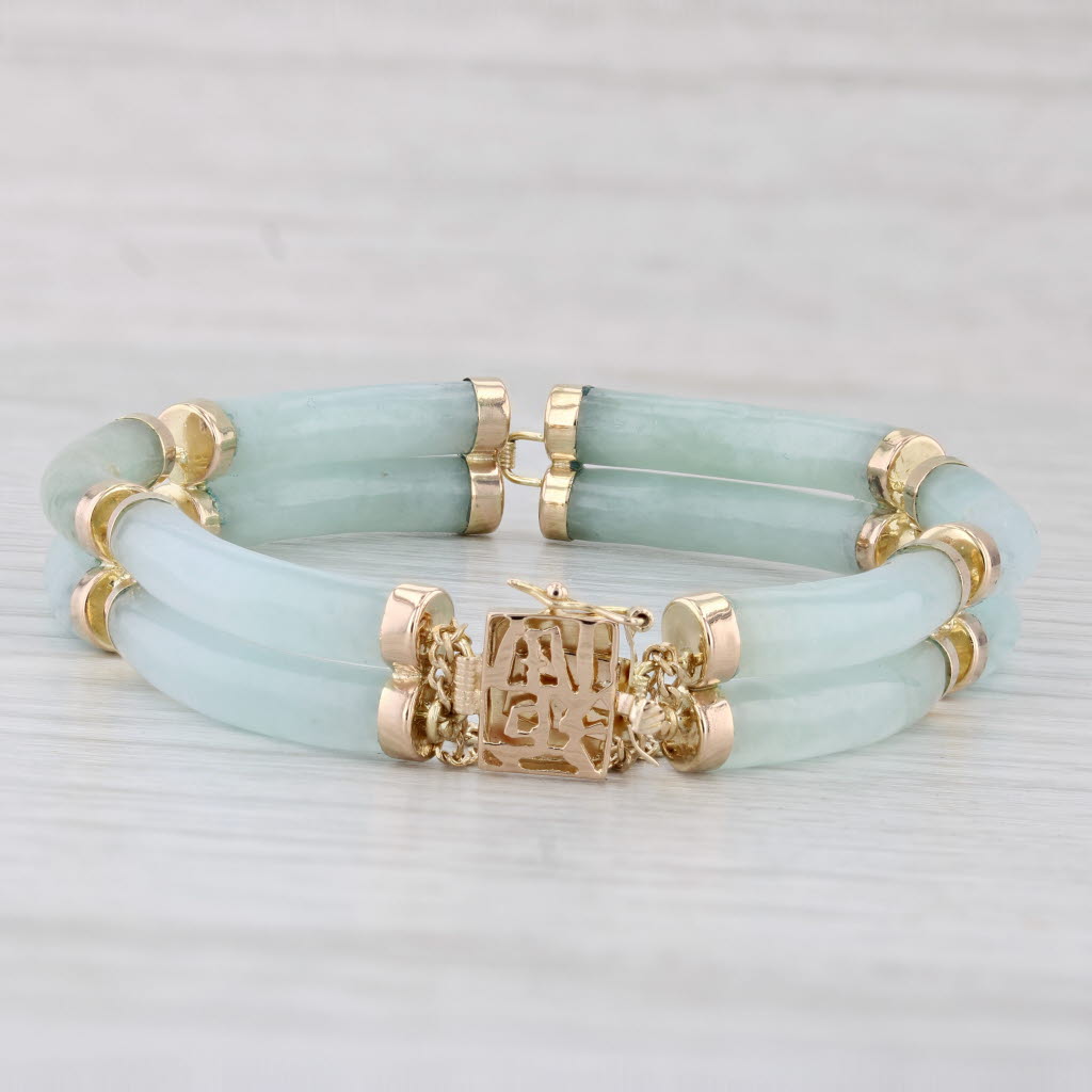 Light Gray Green Jadeite Jade Tube Link Bracelet 14k Gold Chinese Character Good Fortune