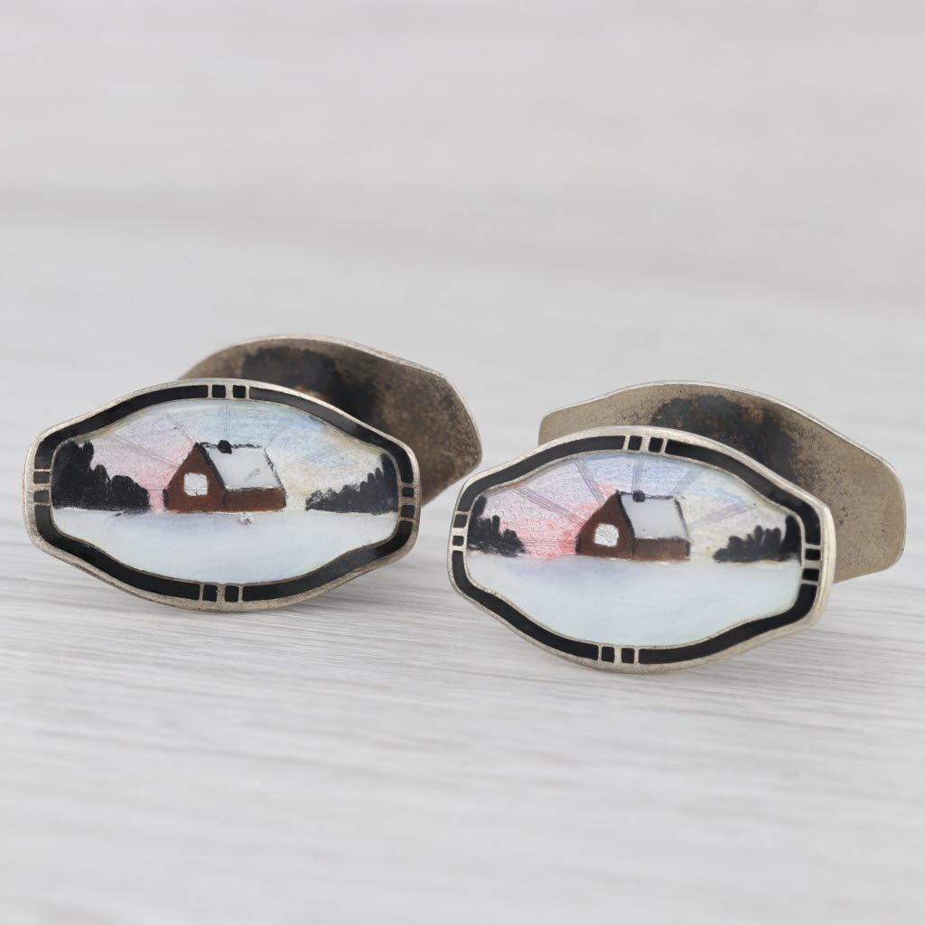 Light Gray Vintage Norwegian Guilloche Enamel Farmhouse Cufflinks Sterling Silver NM Norway