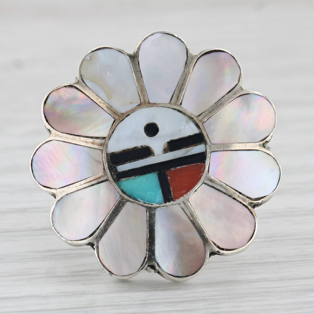 Light Gray Native American Mosaic Flower Ring Sterling Silver Zuni Laahte Turquoise Coral