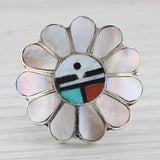 Native American Mosaic Flower Ring Sterling Silver Zuni Laahte Turquoise Coral