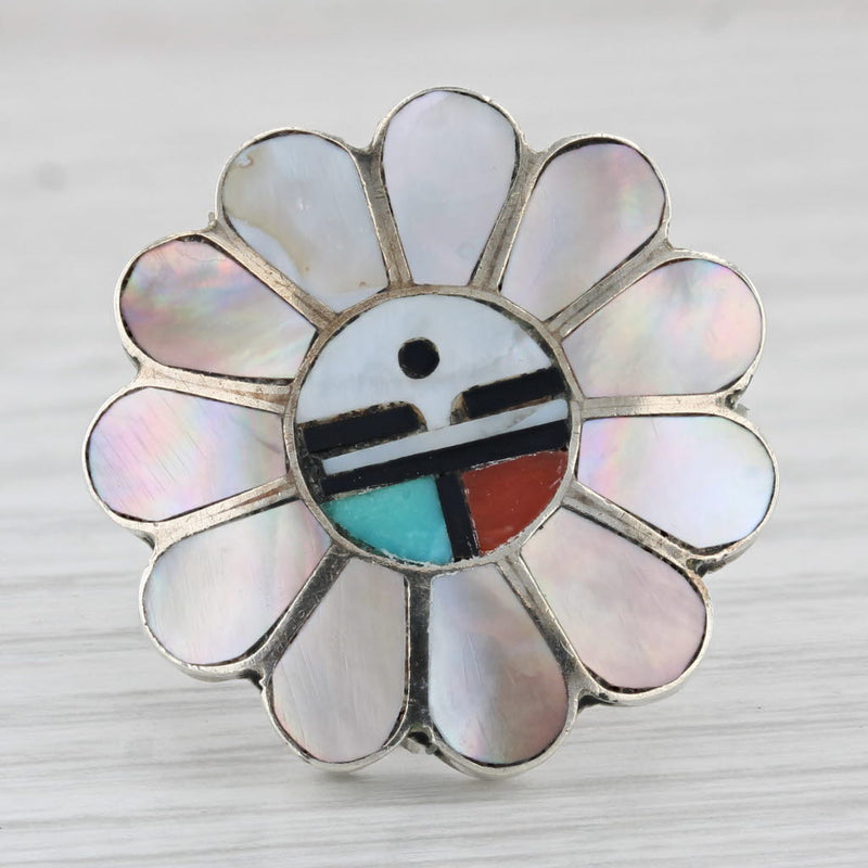 Native American Mosaic Flower Ring Sterling Silver Zuni Laahte Turquoise Coral