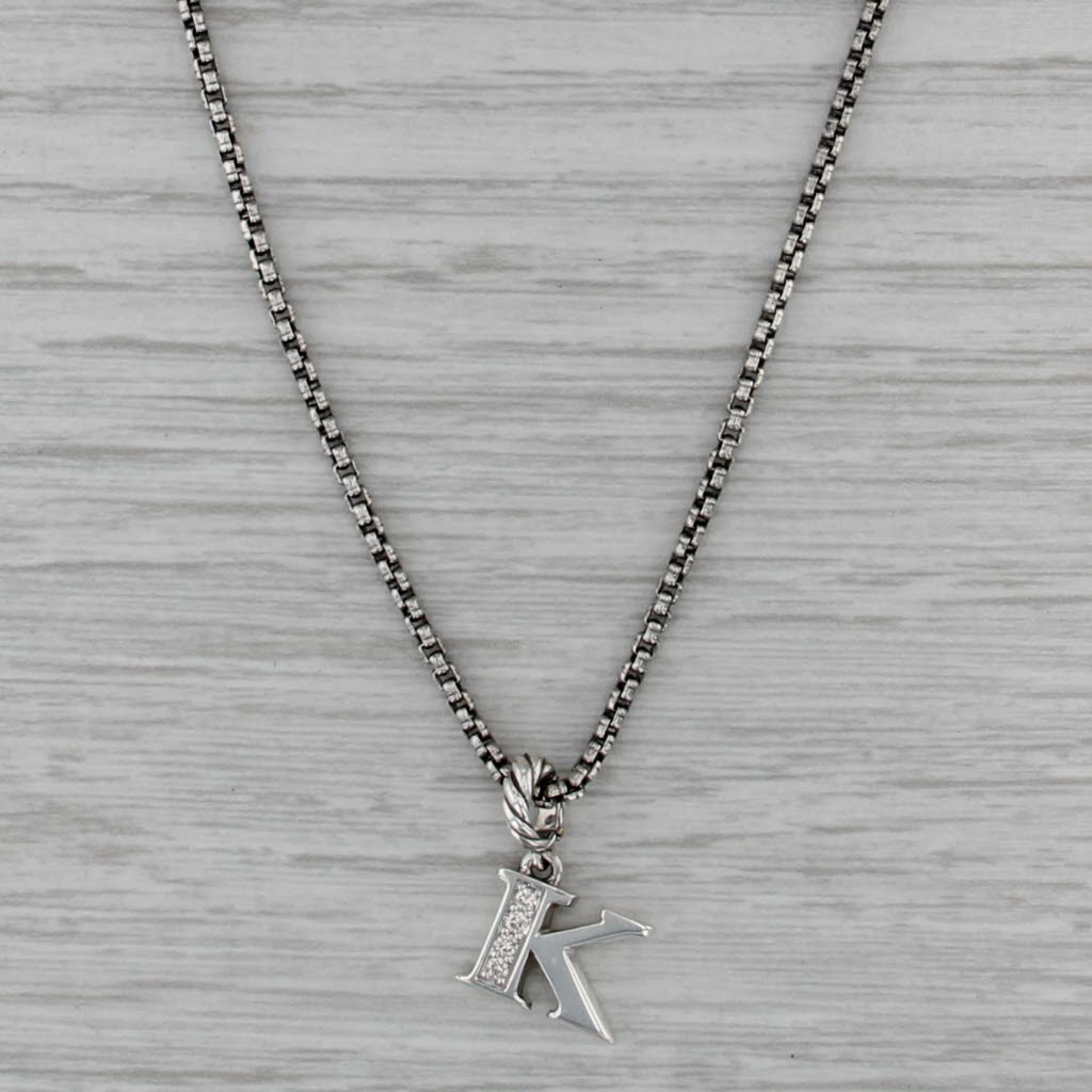 David Yurman Diamond Initial Letter K Pendant Necklace Sterling Silver Box Chain