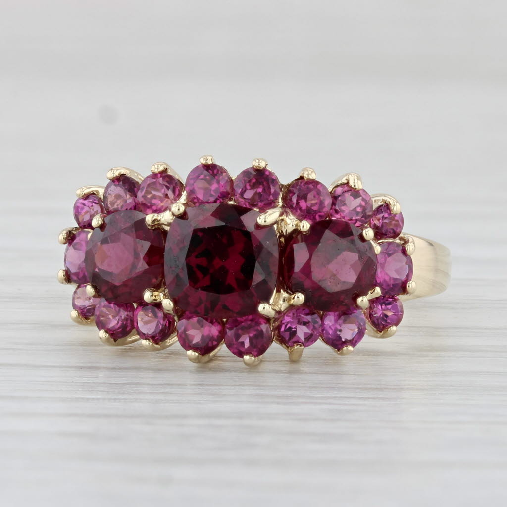 Light Gray 4.09ctw Garnet Ring 10k Yellow Gold Size 9.25 3-Stone Halo