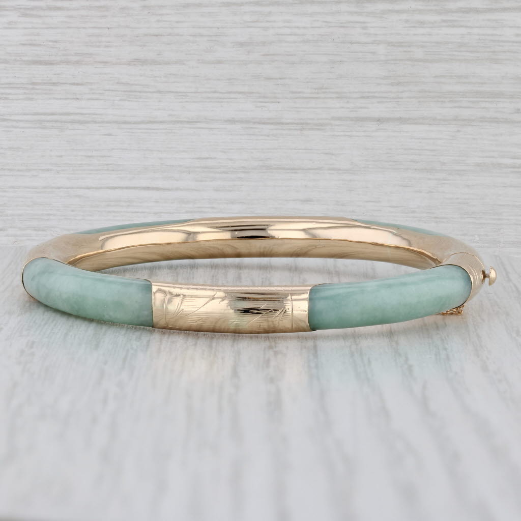 Gray Green Jadeite Jade Bangle Bracelet 10k Yellow Gold 7" 7mm