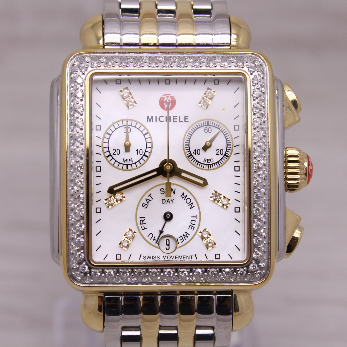 Michele Gold Tone Square Chronograph Watch with White Mother-of-Pearl Dial Michele Ladies 2 Tone Quartz Chronograph Watch Diamond Bezel  main image 2