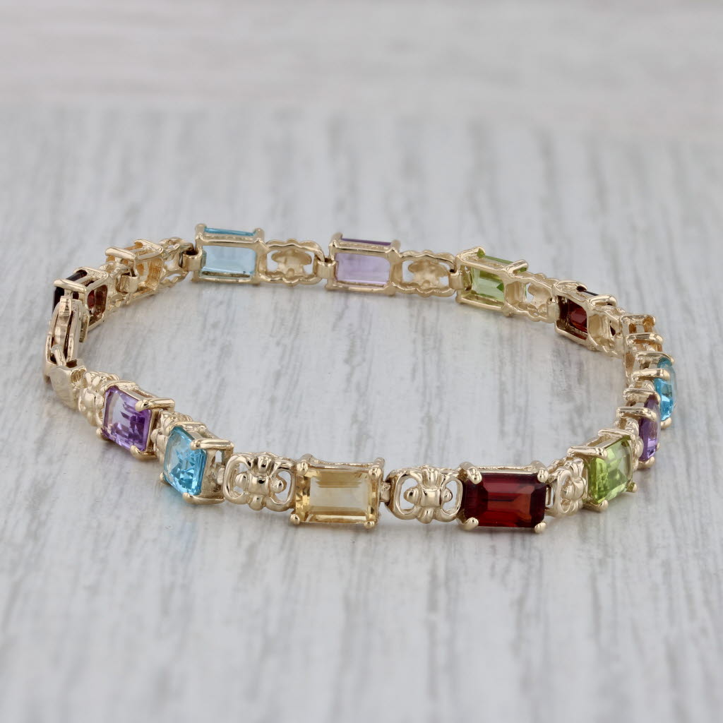 Gray 9.14ctw Gemstone Tennis Bracelet 14k Gold Amethyst Topaz Citrine Garnet Peridot