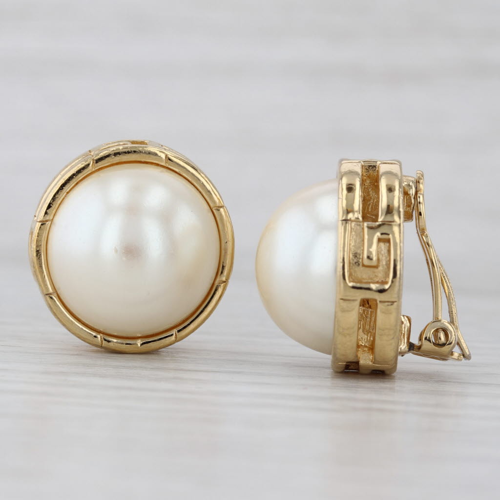 Light Gray Givenchy Imitation Mabe Pearl Earrings Clip On Studs Gold Toned