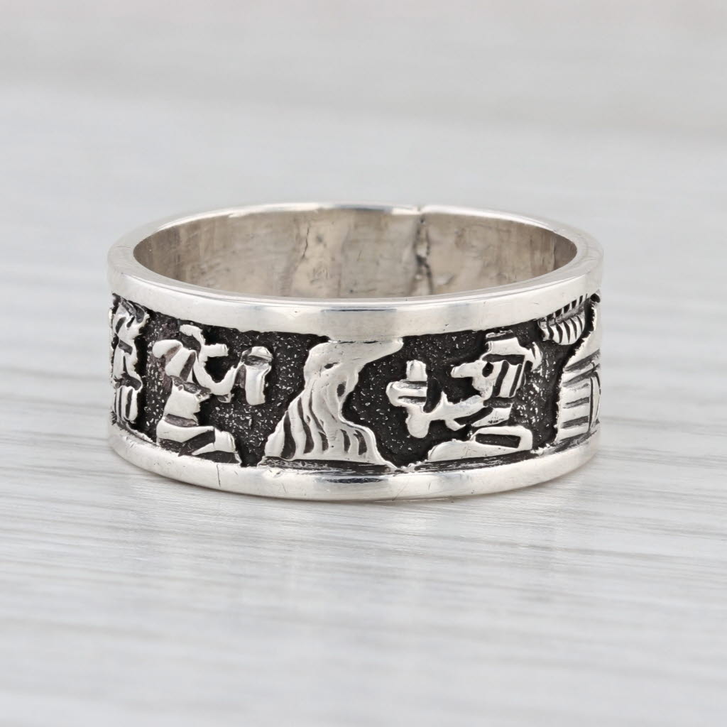 Tribal Figural Band Ring Sterling Silver 9.5mm Size 10.5