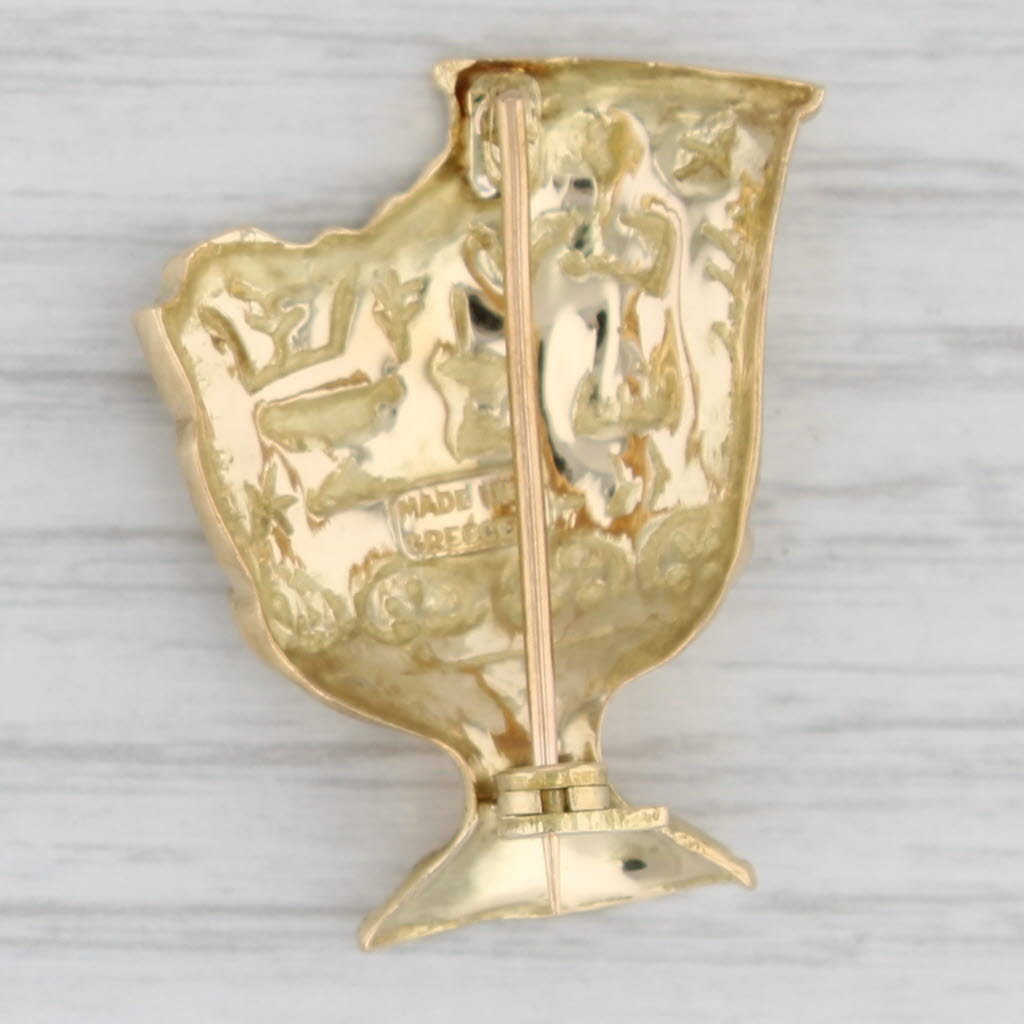 Gray Grecian Urn Goblet Brooch 18k Yellow Gold Figural Vintage Pin Made in Greece