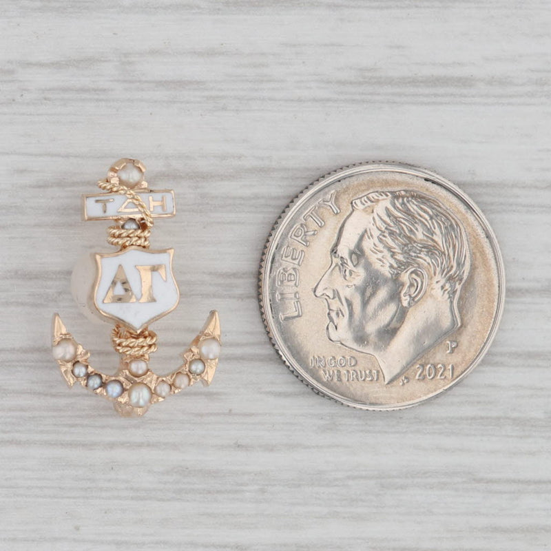Vintage Delta Gamma Sorority Anchor Badge 10k Yellow Gold Pearls Greek Pin