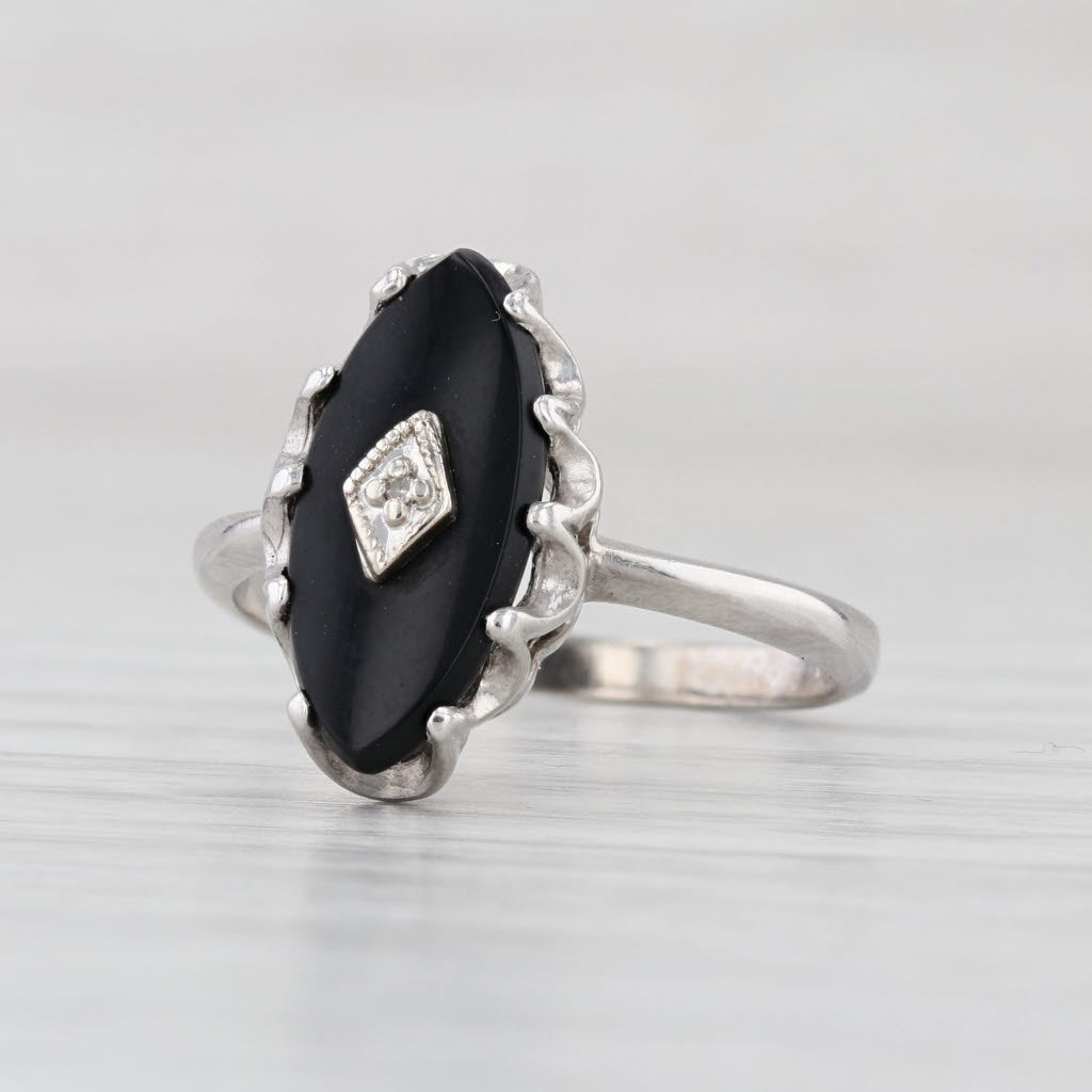 Vintage Navette Onyx Diamond Signet Ring 10k White Gold Size 7