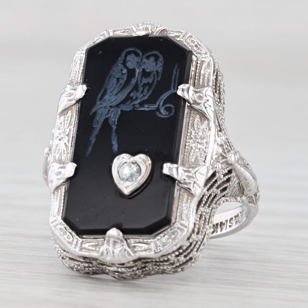 Light Gray Art Deco Bird Ring 14k White Gold Filigree Diamond Heart Parrots Peacocks Size 5