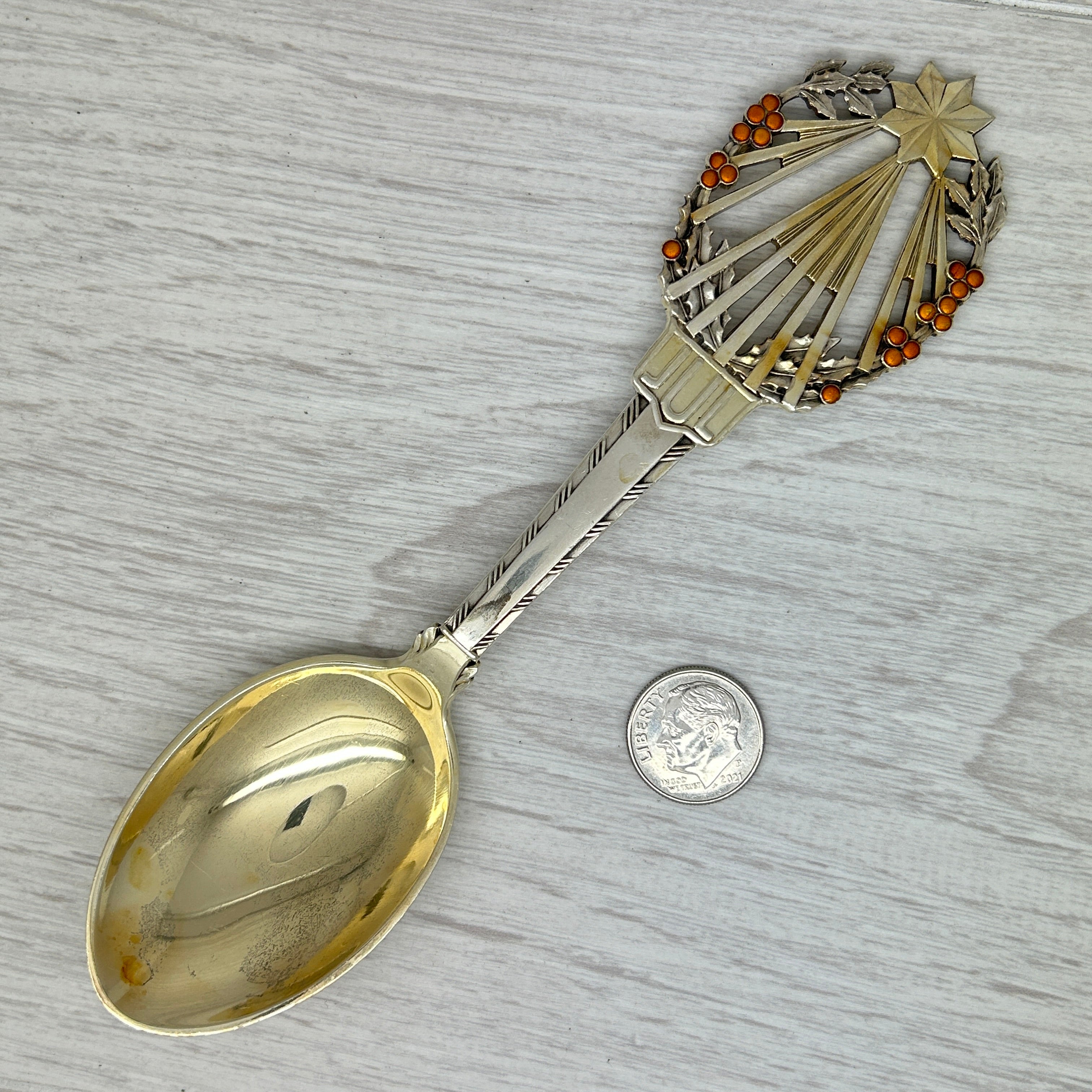 Dark Gray Vintage 1922 Anton Michelsen Sterling Silver Enamel Christmas Spoon Denmark