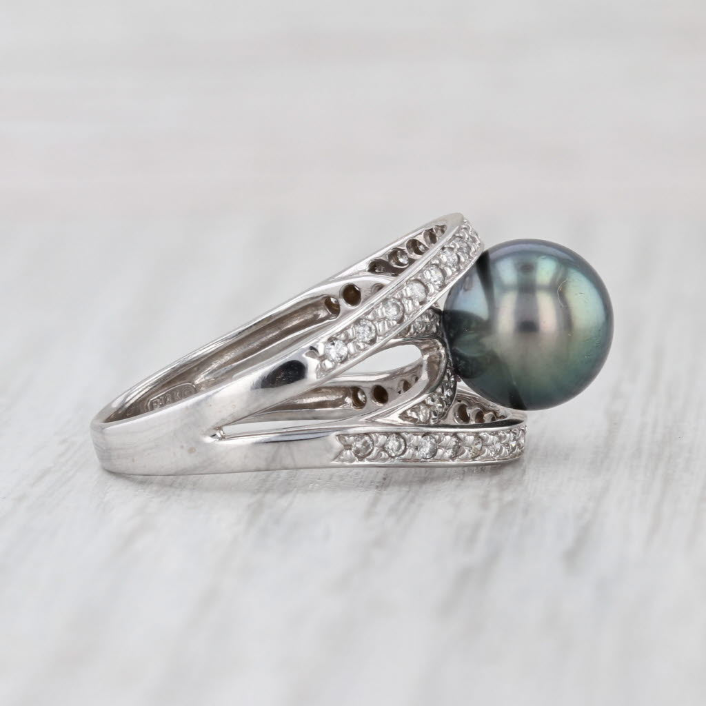 9.3mm Gray Cultured Pearl Diamond Ring 14k White Gold Size 7.25